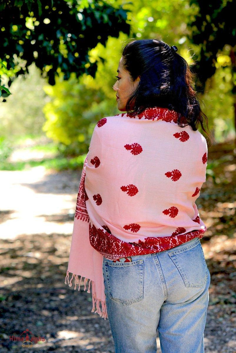 Rose pink embroidery pashmina shawl with red embroidery which most women will fall in love with. This beautiful pashmina shawl gives you a classy look to fall in love.