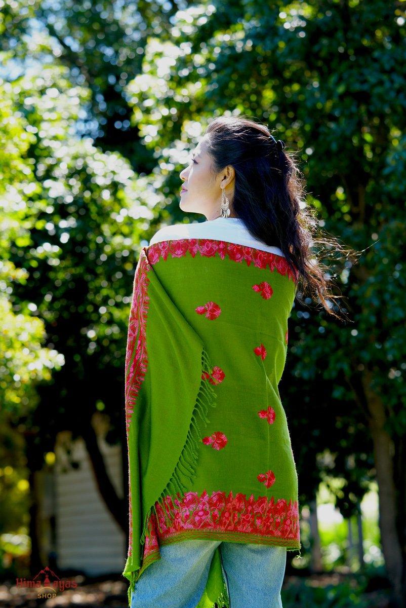 Pashmina shawl is among the most desirable shawl because of its softness, smoothness and warmness. Green pashmina shawl with pink embroidery for women everyday wear.