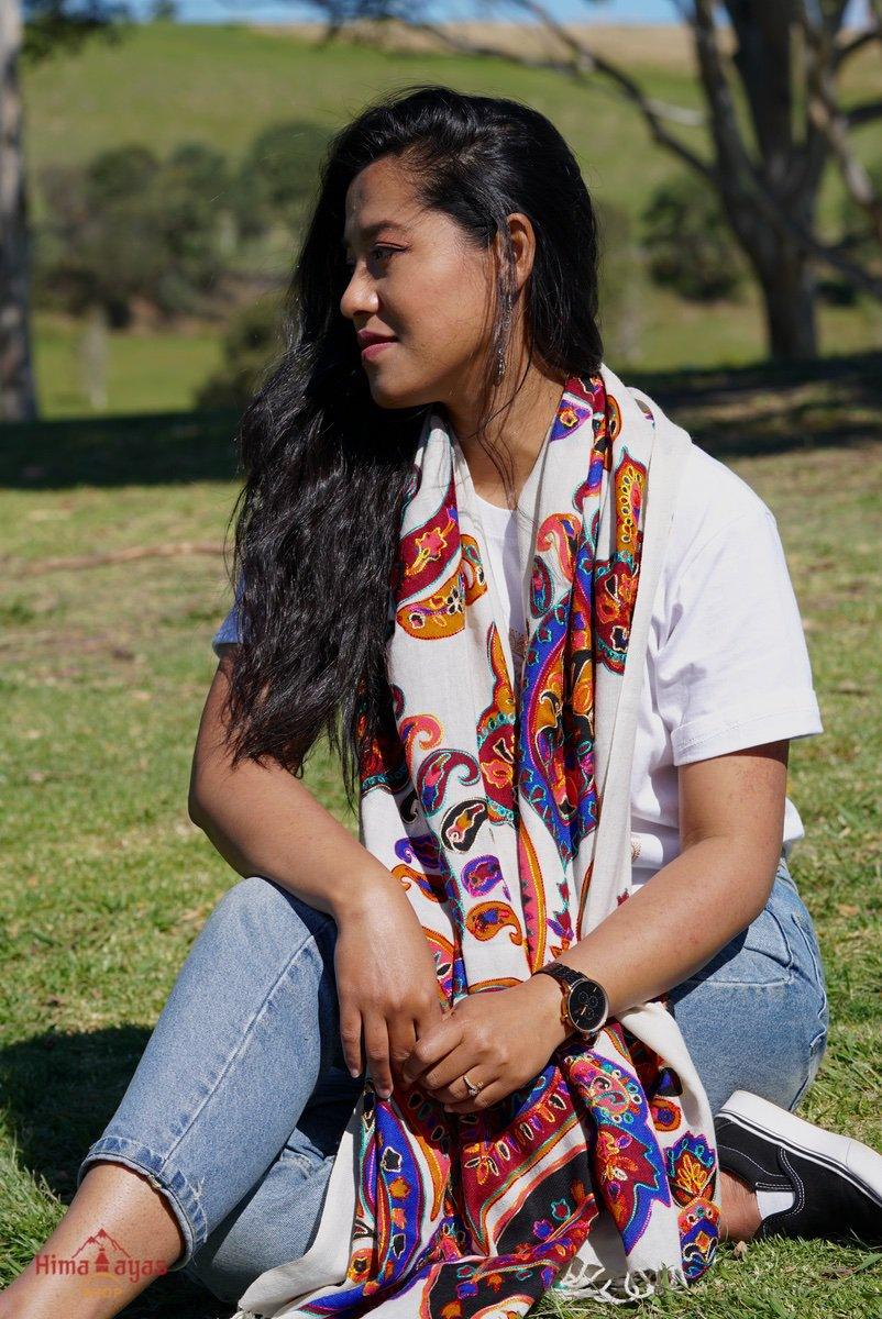 Beautiful embroidered genuine Pashmina shawl, 100% cashmere. The unique paisley multi color embroidered pashmina shawl,  bohemian design fits every occasion.