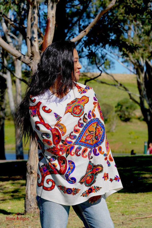 Beautiful embroidered genuine Pashmina shawl, 100% cashmere. The unique paisley multi color embroidered pashmina shawl,  bohemian design fits every occasion.