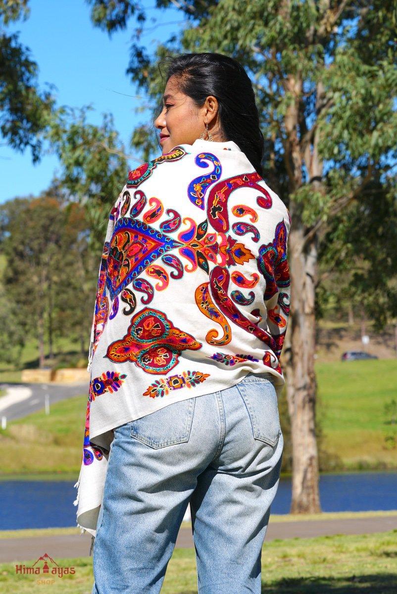 Beautiful embroidered genuine Pashmina shawl, 100% cashmere. The unique paisley multi color embroidered pashmina shawl,  bohemian design fits every occasion.