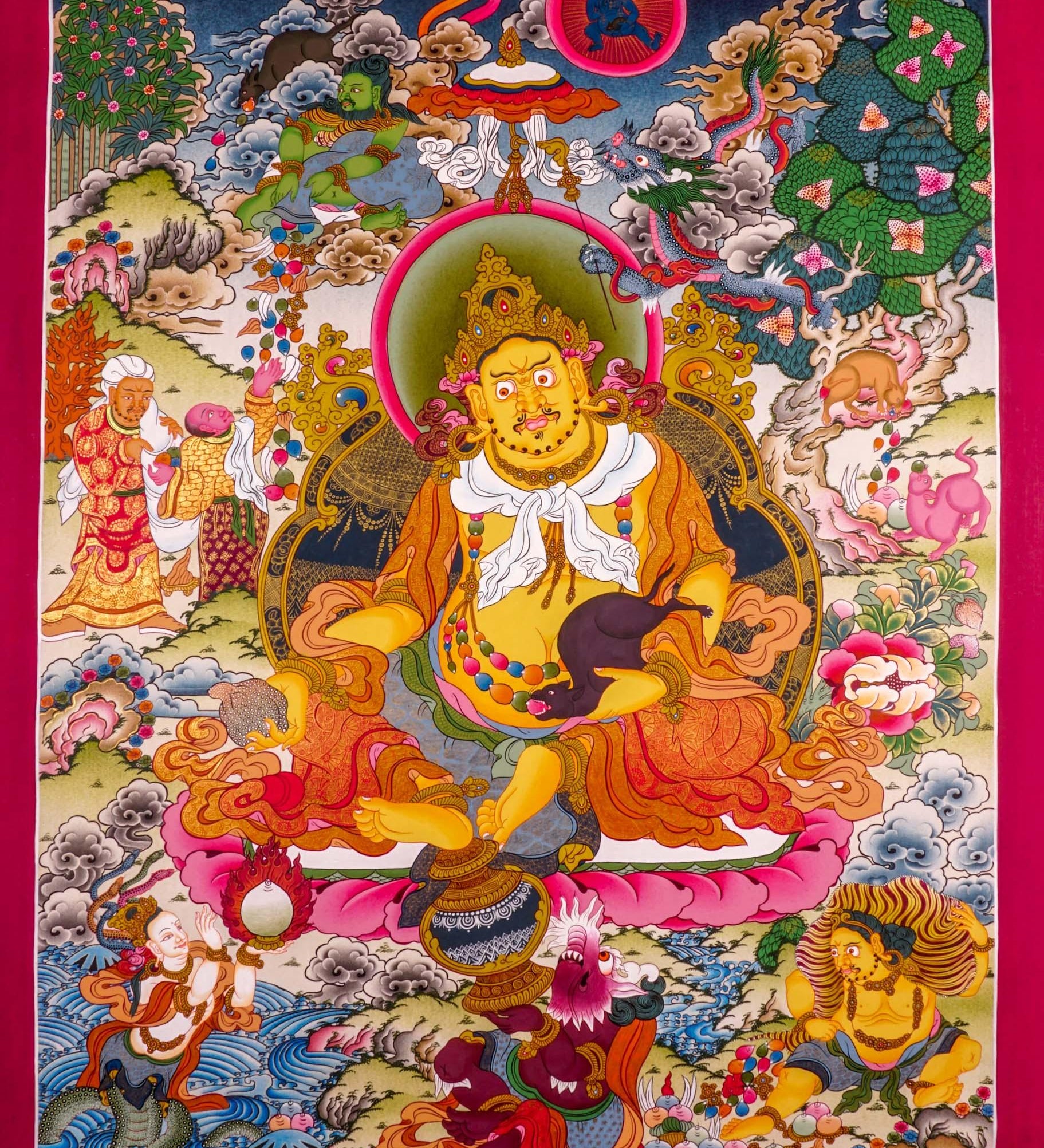 Jambhala  also known as Kuber or Zambala is the god of Fortune and wealth. This is a tibetan thangka art on canvas of Jambhala