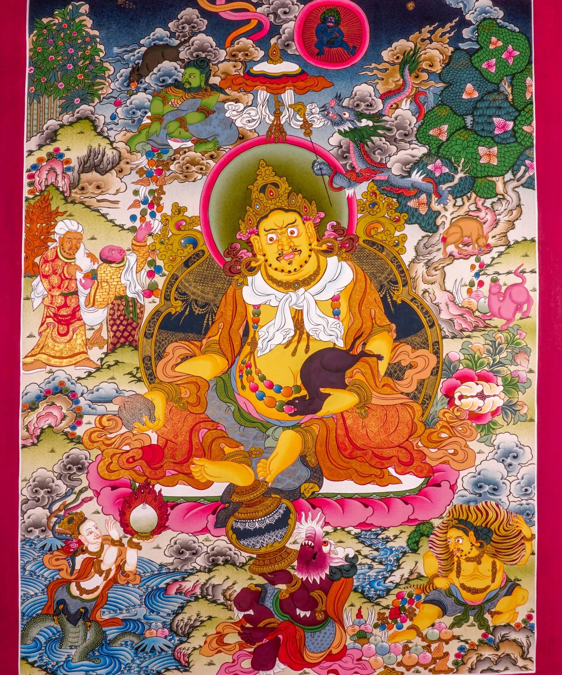 Jambhala  also known as Kuber or Zambala is the god of Fortune and wealth. This is a tibetan thangka art on canvas of Jambhala