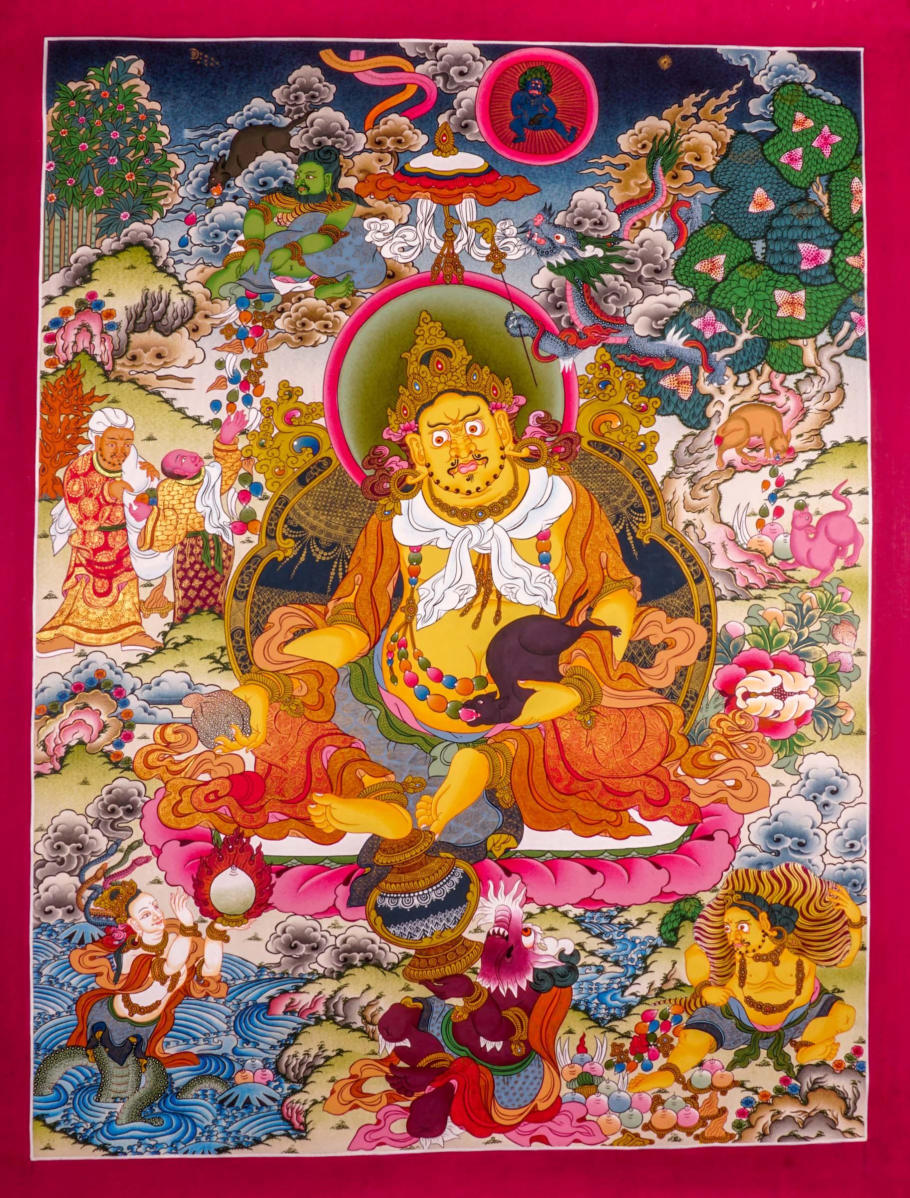 Jambhala  also known as Kuber or Zambala is the god of Fortune and wealth. This is a tibetan thangka art on canvas of Jambhala
