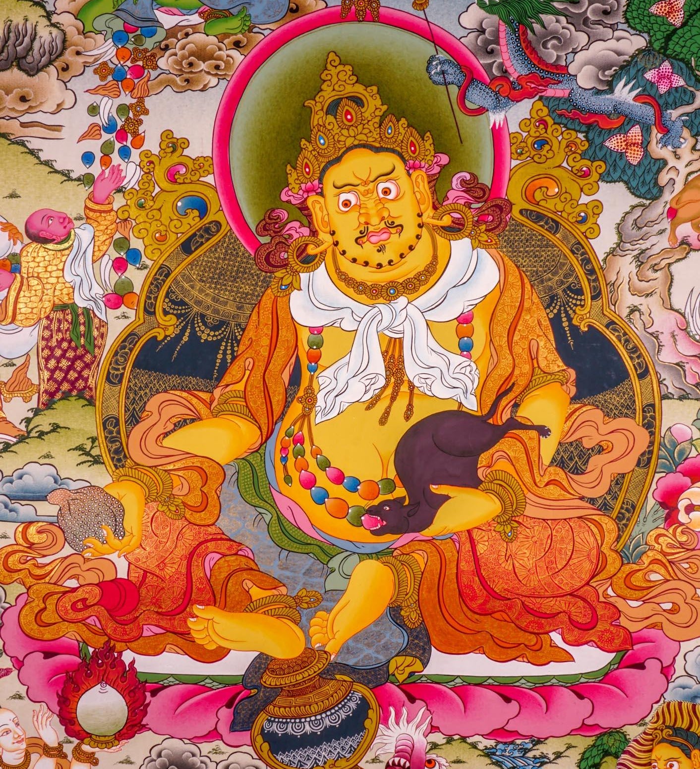 Jambhala also known as Kuber or Zambala is the god of Fortune and wealth. This is a tibetan thangka art on canvas of Jambhala