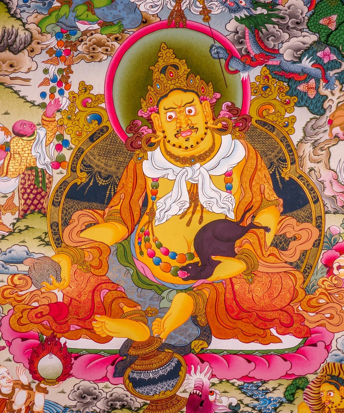 Jambhala also known as Kuber or Zambala is the god of Fortune and wealth. This is a tibetan thangka art on canvas of Jambhala