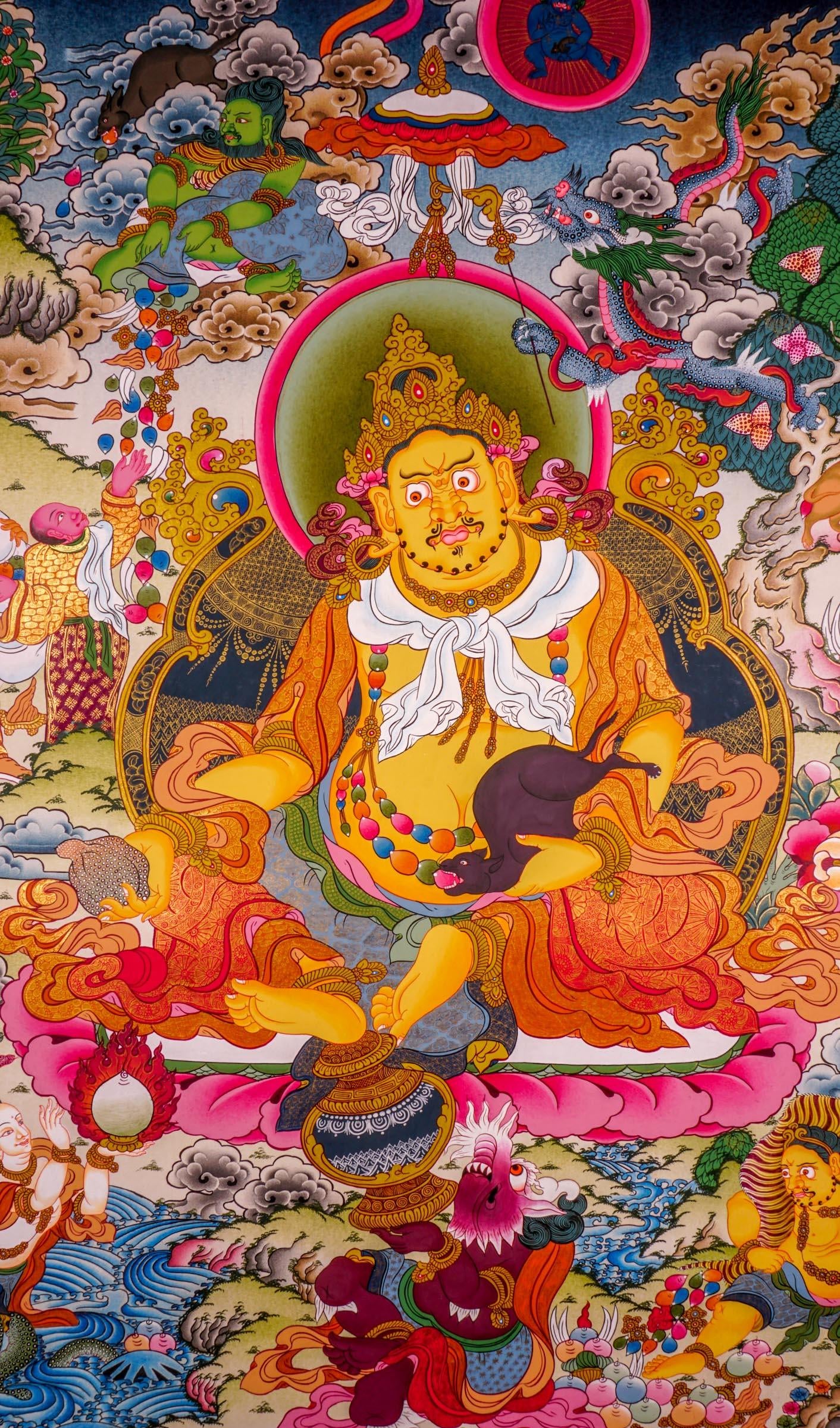 Jambhala also known as Kuber or Zambala is the god of Fortune and wealth. This is a tibetan thangka art on canvas of Jambhala