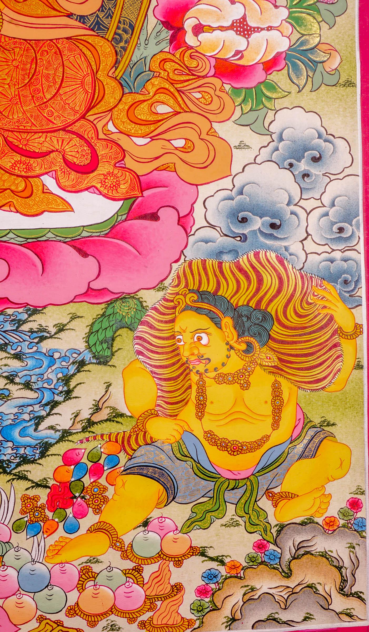 Jambhala also known as Kuber or Zambala is the god of Fortune and wealth. This is a tibetan thangka art on canvas of Jambhala