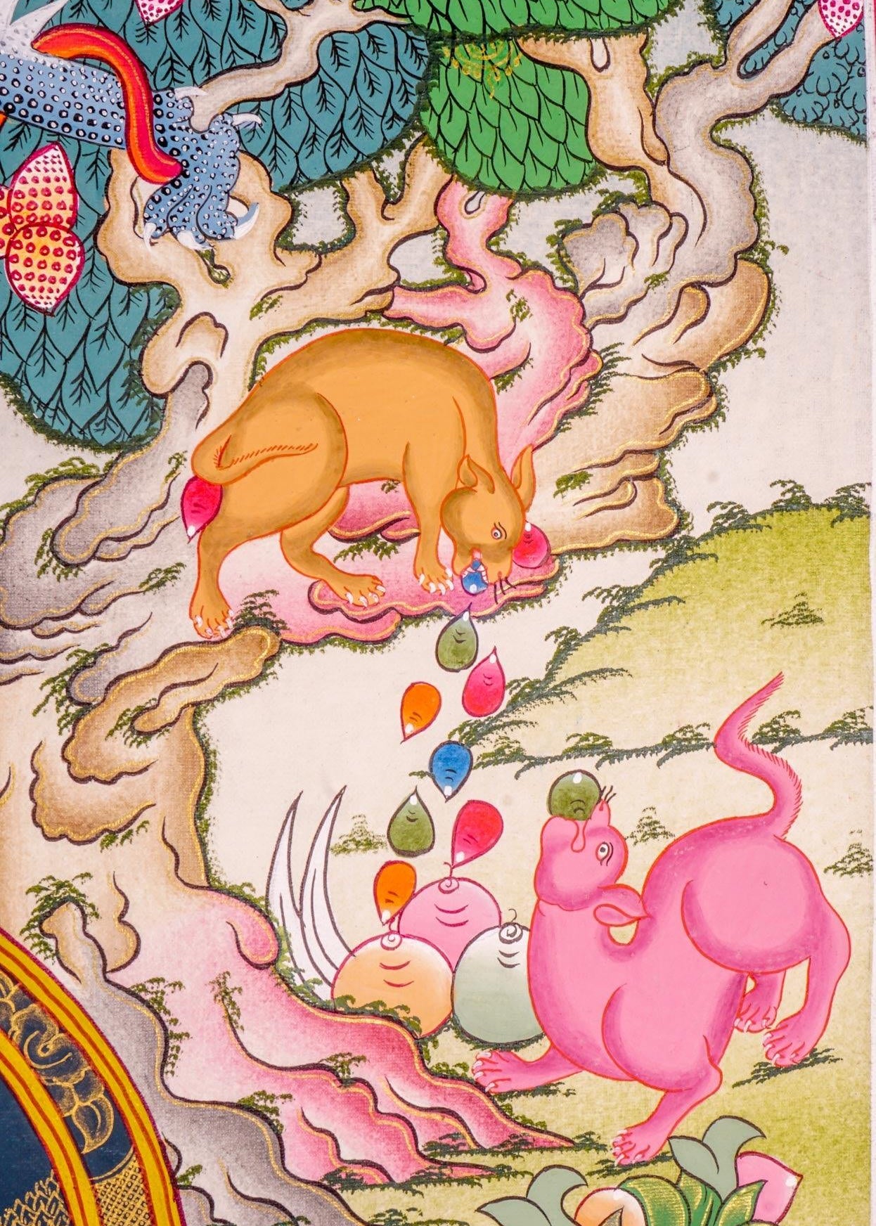 Jambhala also known as Kuber or Zambala is the god of Fortune and wealth. This is a tibetan thangka art on canvas of Jambhala