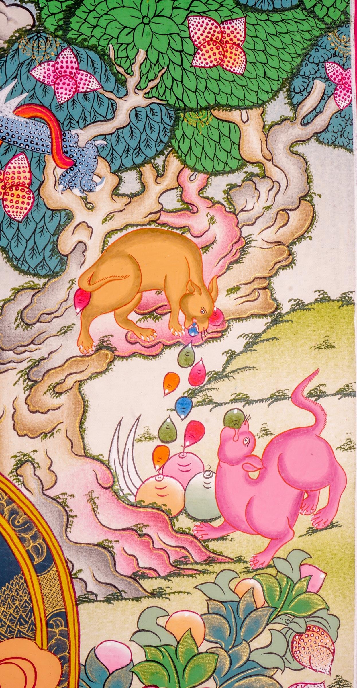 Jambhala also known as Kuber or Zambala is the god of Fortune and wealth. This is a tibetan thangka art on canvas of Jambhala