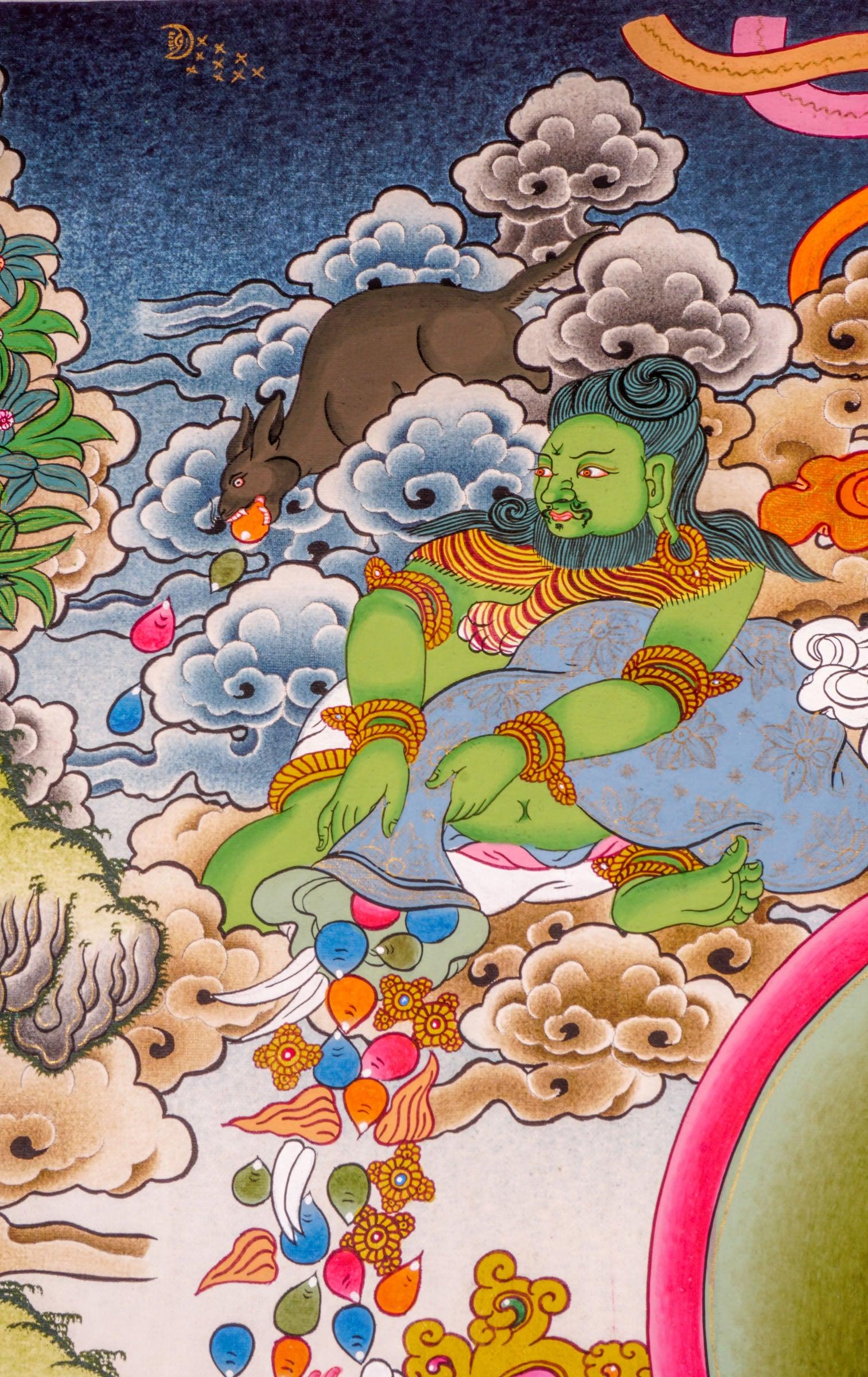 Jambhala also known as Kuber or Zambala is the god of Fortune and wealth. This is a tibetan thangka art on canvas of Jambhala