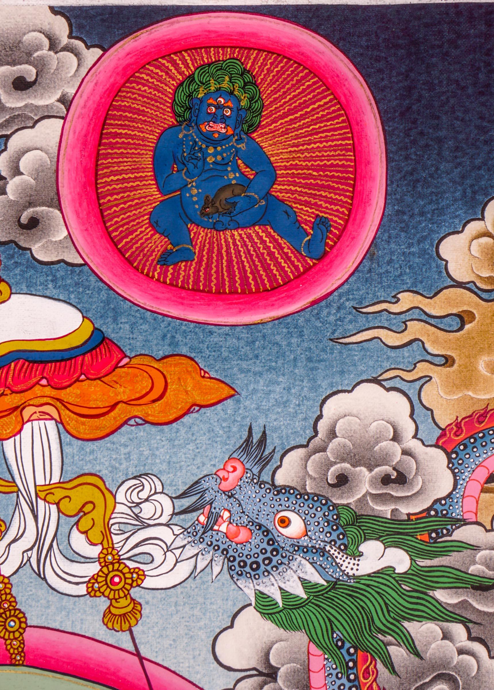 Jambhala also known as Kuber or Zambala is the god of Fortune and wealth. This is a tibetan thangka art on canvas of Jambhala