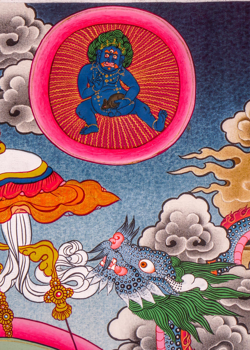 Jambhala also known as Kuber or Zambala is the god of Fortune and wealth. This is a tibetan thangka art on canvas of Jambhala