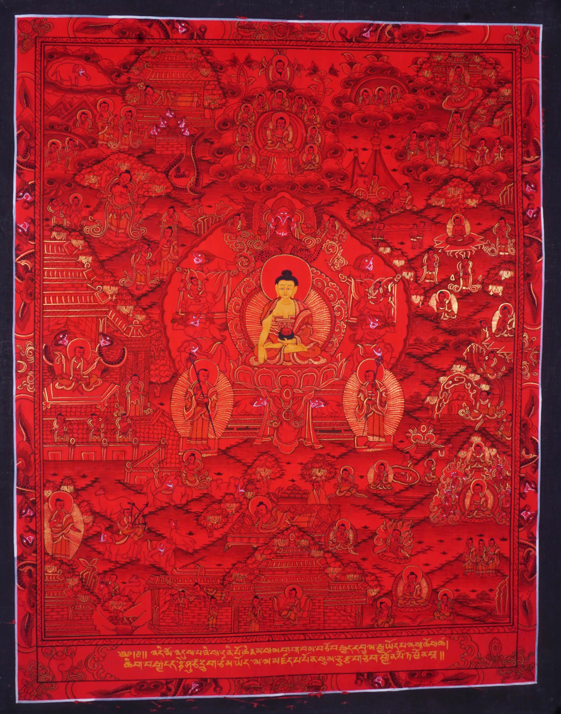 Buddha life story thangka painting with red base color and gold 