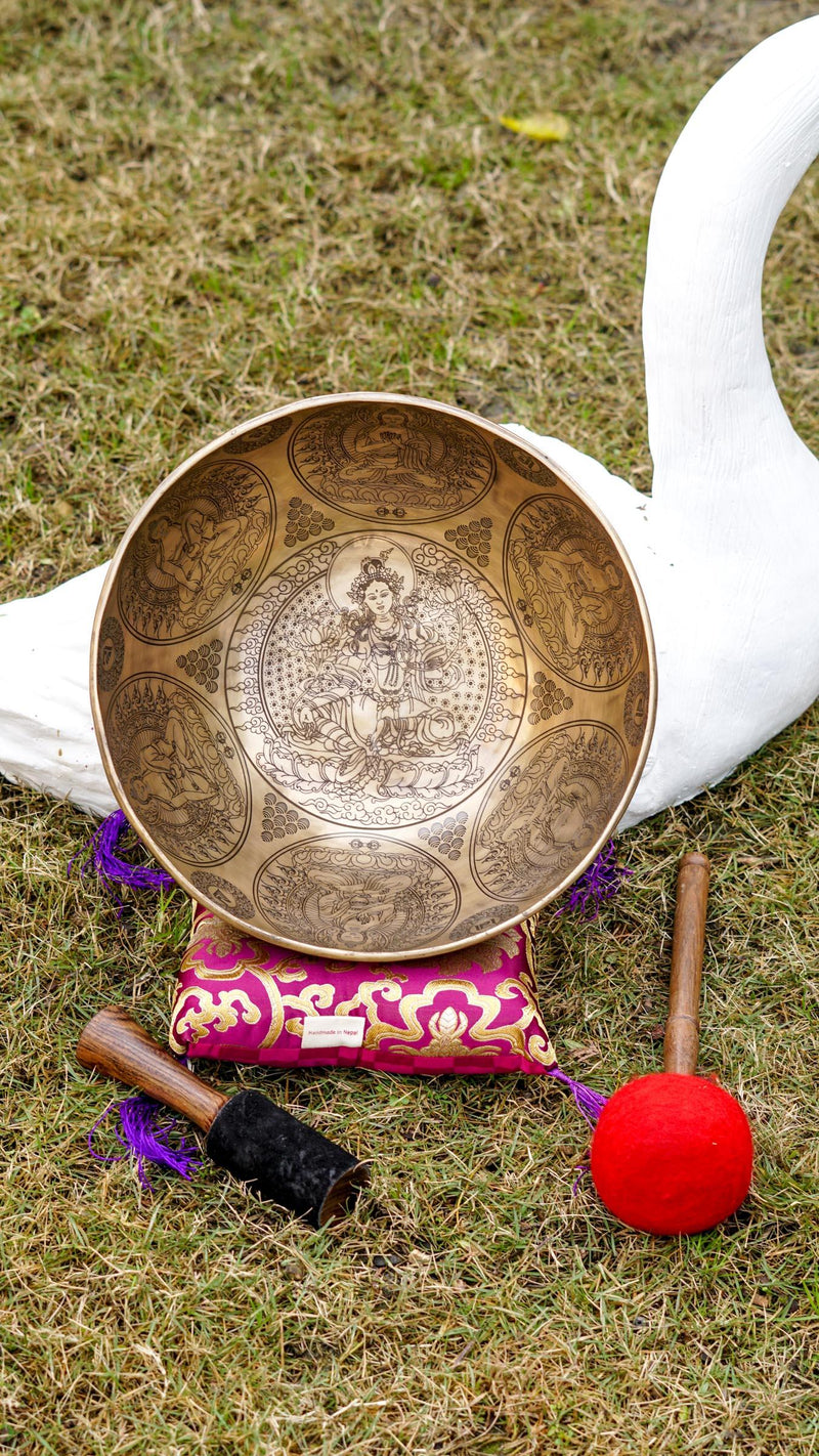 Singing bowl with Green Tara detailed art work. Sound healing special collection Singing bowl
