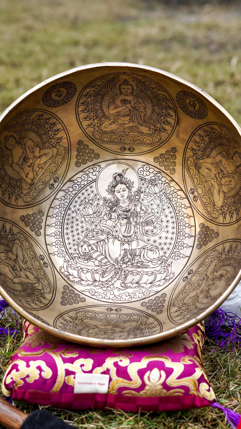 Singing bowl with Green Tara detailed art work. Sound healing special collection Singing bowl