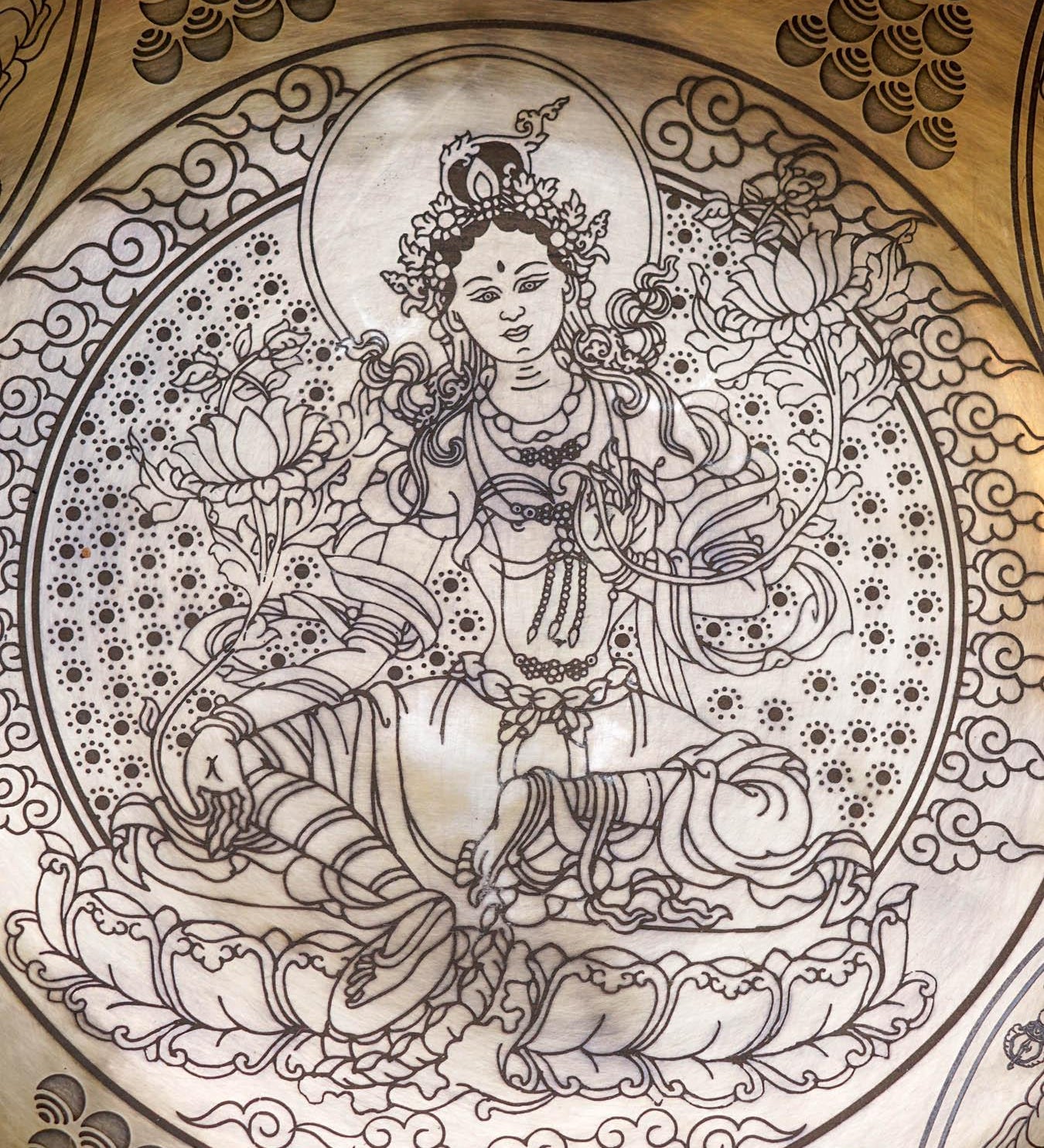 Singing bowl with Green Tara detailed art work. Sound healing special collection Singing bowl