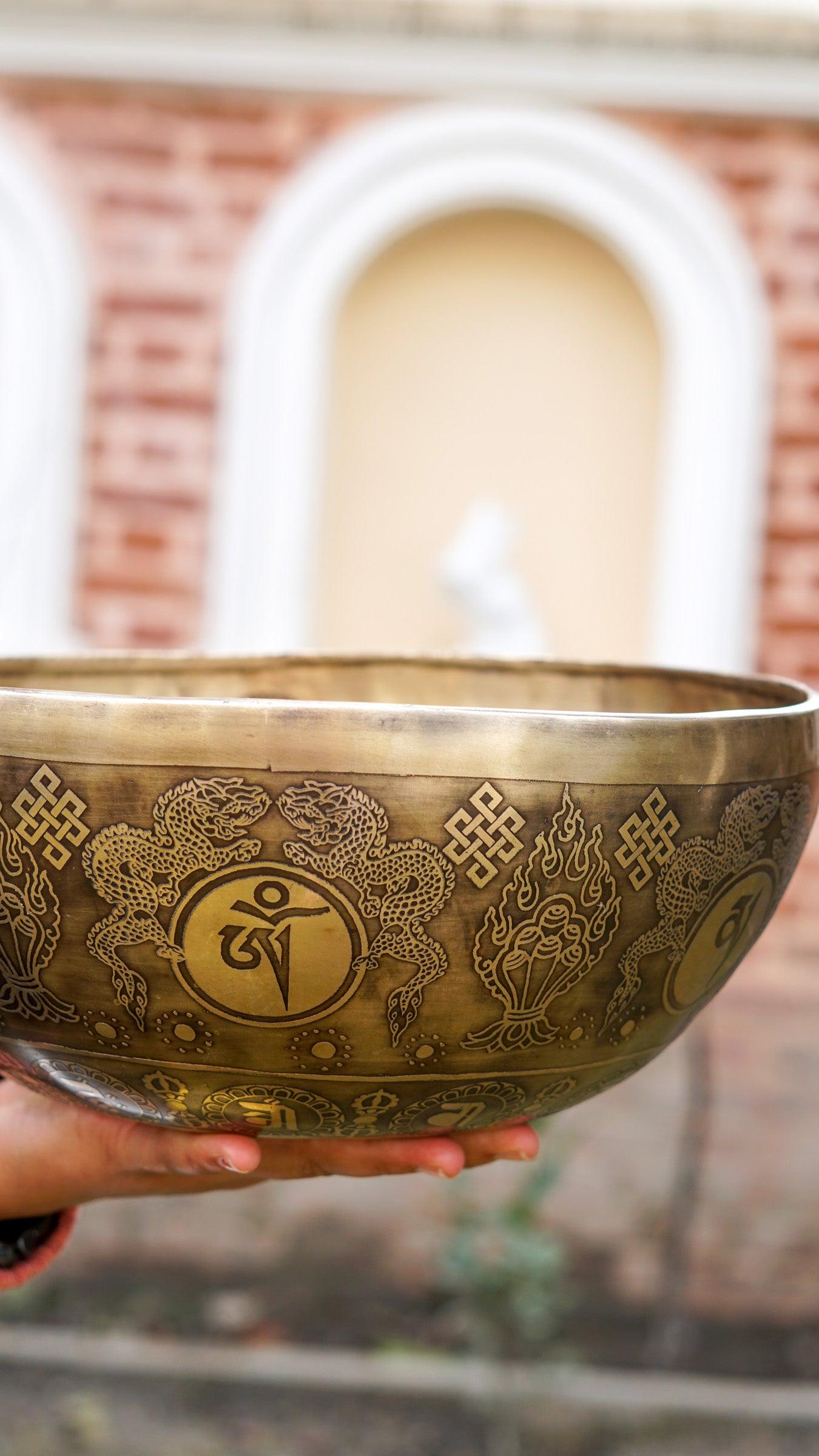Singing bowl with Green Tara detailed art work. Sound healing special collection Singing bowl