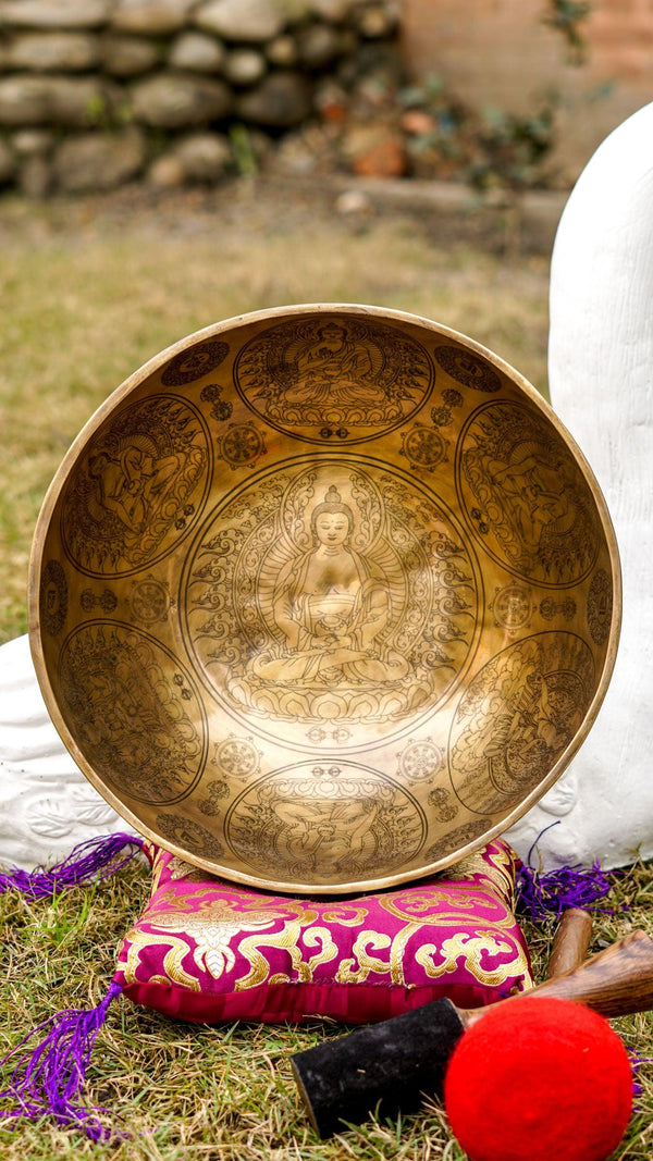 Singing bowl with Buddha Art for sound healing and meditation. Perfect note Bowl for healing and spiritual sound healing practice
