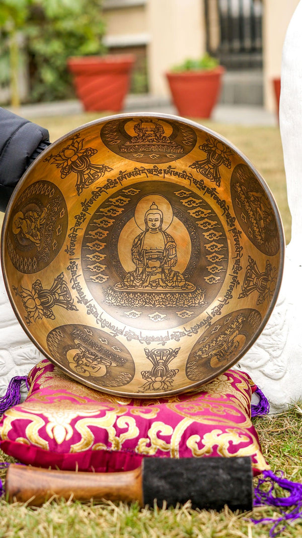 Amitabha Buddha Singing Bowl with Lotus engraving for healing and meditation