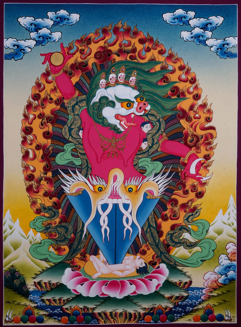 Wrathful deity Thangka Painting - Singh Mukhi - HimalayasShop