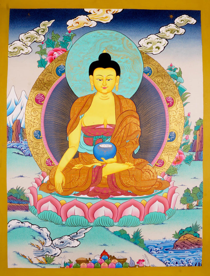 Shakyamuni Buddha thangka art on canvas. Tibetan Thangka Painting with 24 k gold