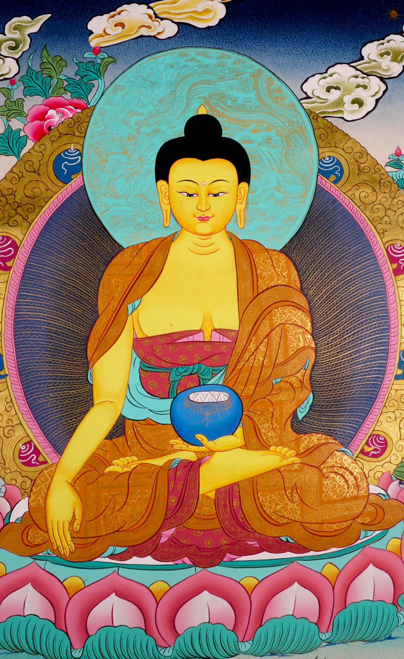 Shakyamuni Buddha thangka art on canvas. Tibetan Thangka Painting with 24 k gold