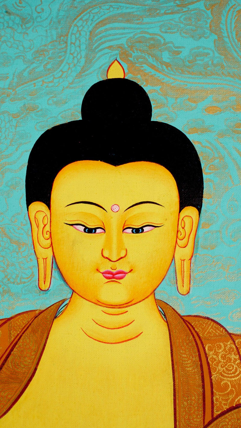 Shakyamuni Buddha thangka art on canvas. Tibetan Thangka Painting with 24 k gold