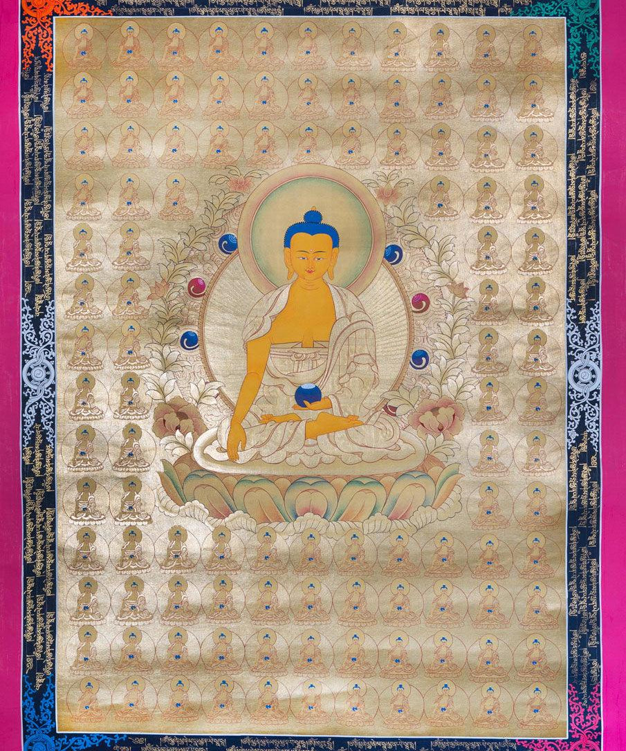 108 Buddha Thangka painting on cotton Canvas with 24 K Gold. A master piece Tibetan Thangka art from Nepal. 