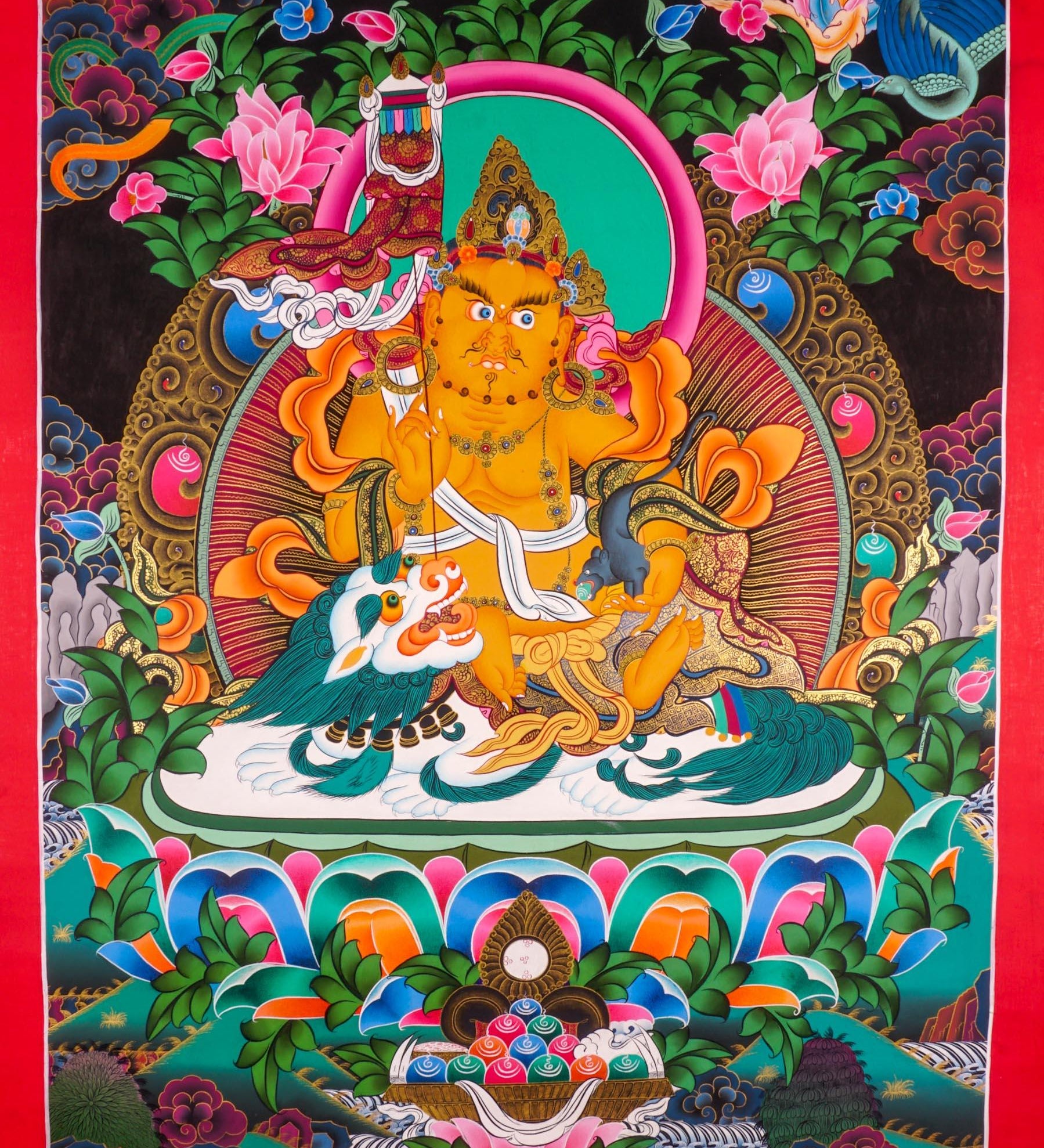 Singh Kuber is the god of wealth also known as Dzambala. Hang it on your altar space for luck and prosperity 