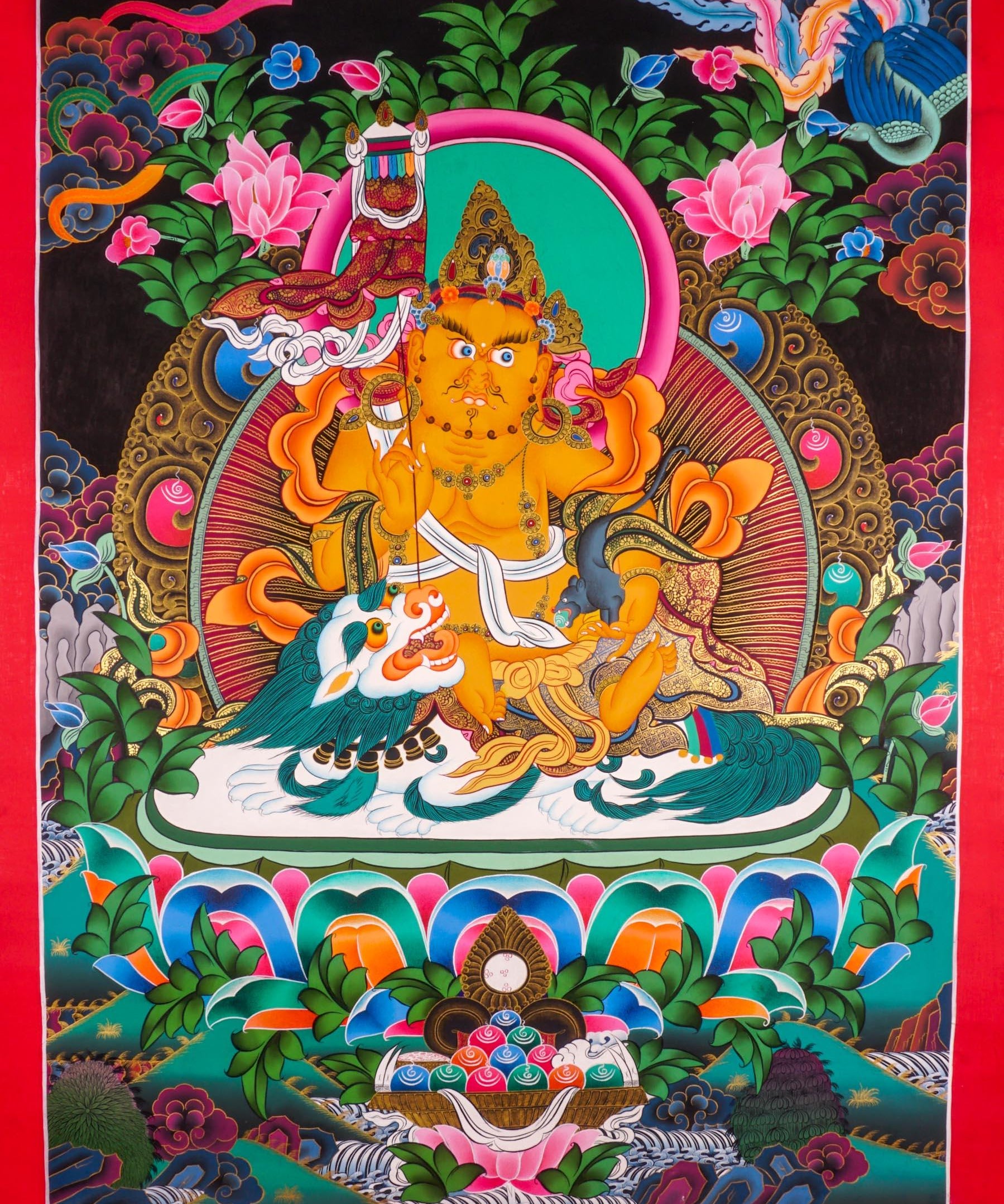 Singh Kuber is the god of wealth also known as Dzambala. Hang it on your altar space for luck and prosperity 