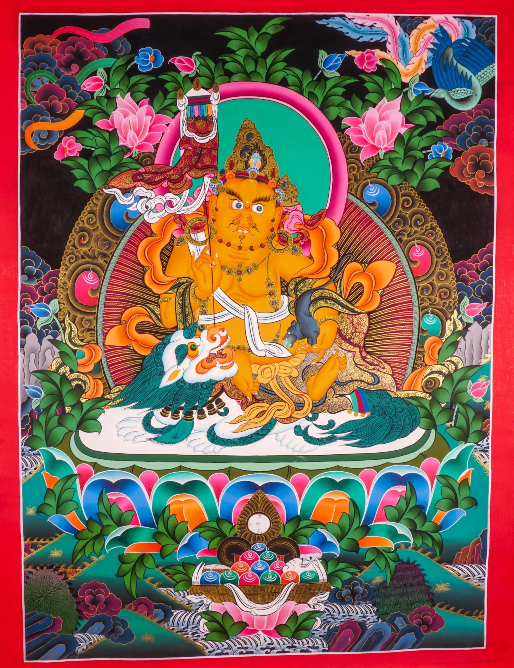 Singh Kuber is the god of wealth also known as Dzambala. Hang it on your altar space for luck and prosperity 
