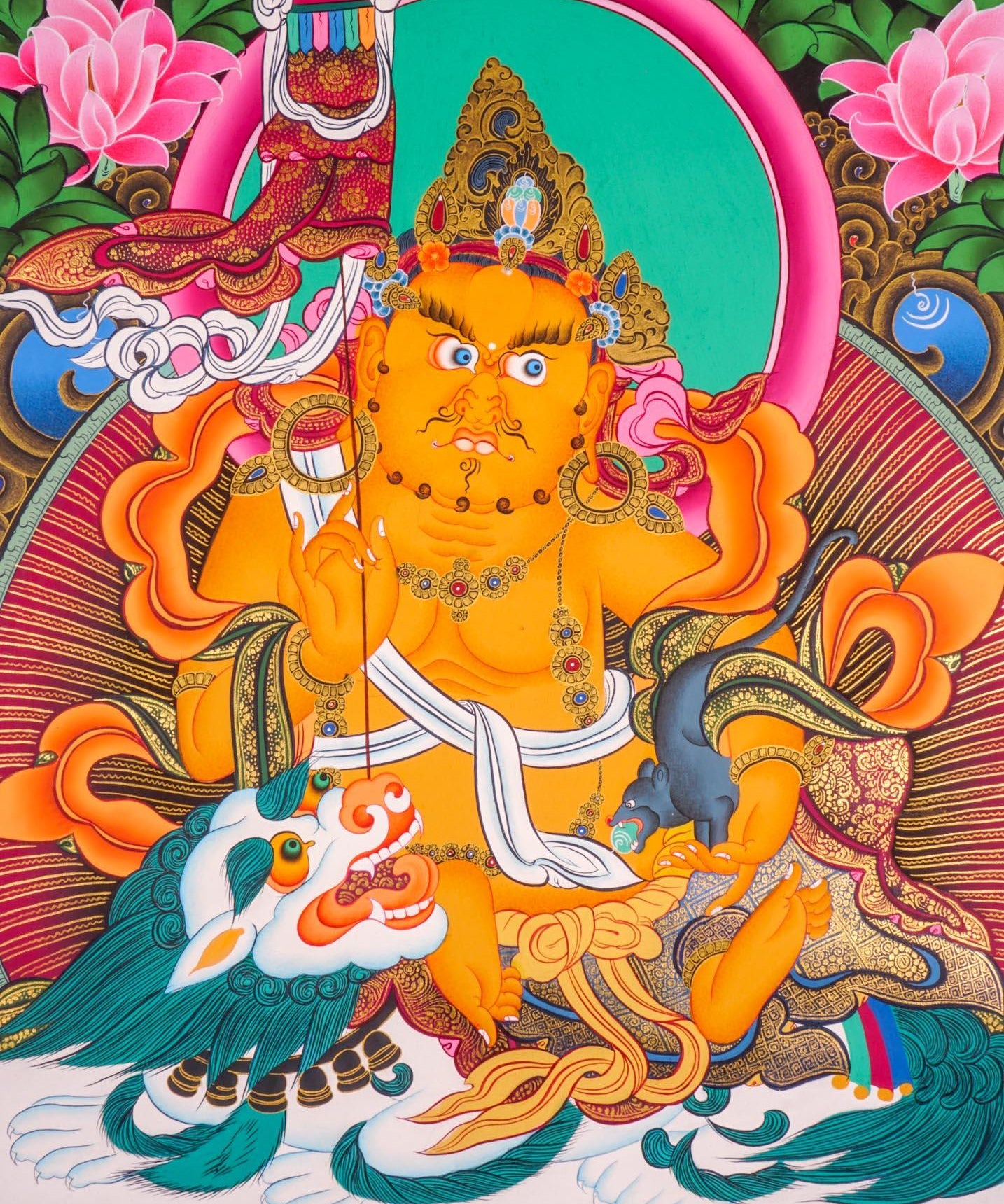 Singh Kuber is the god of wealth also known as Dzambala. Hang it on your altar space for luck and prosperity
