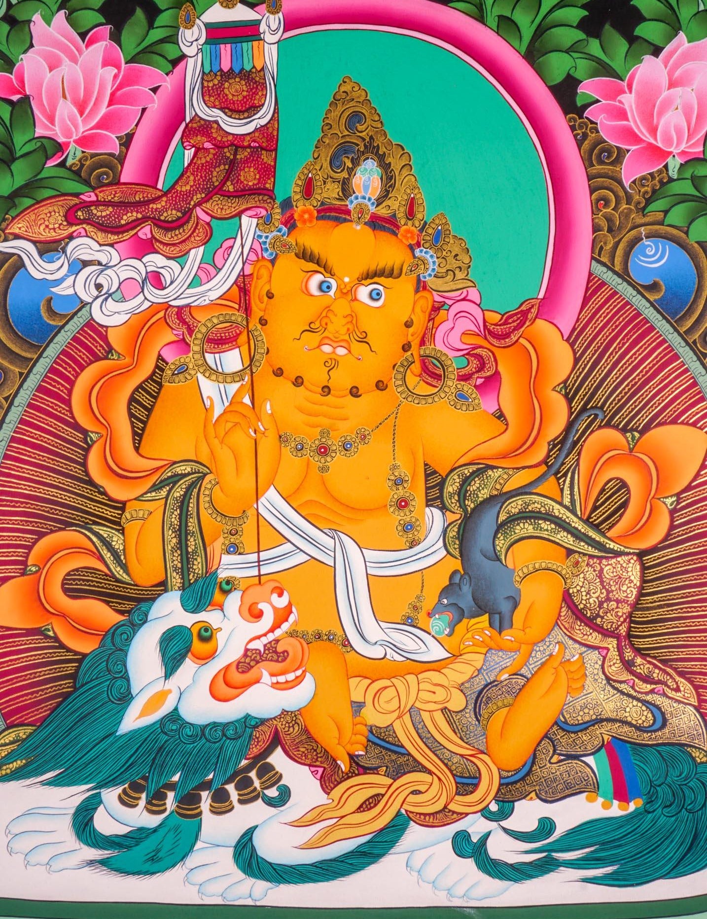 Singh Kuber is the god of wealth also known as Dzambala. Hang it on your altar space for luck and prosperity