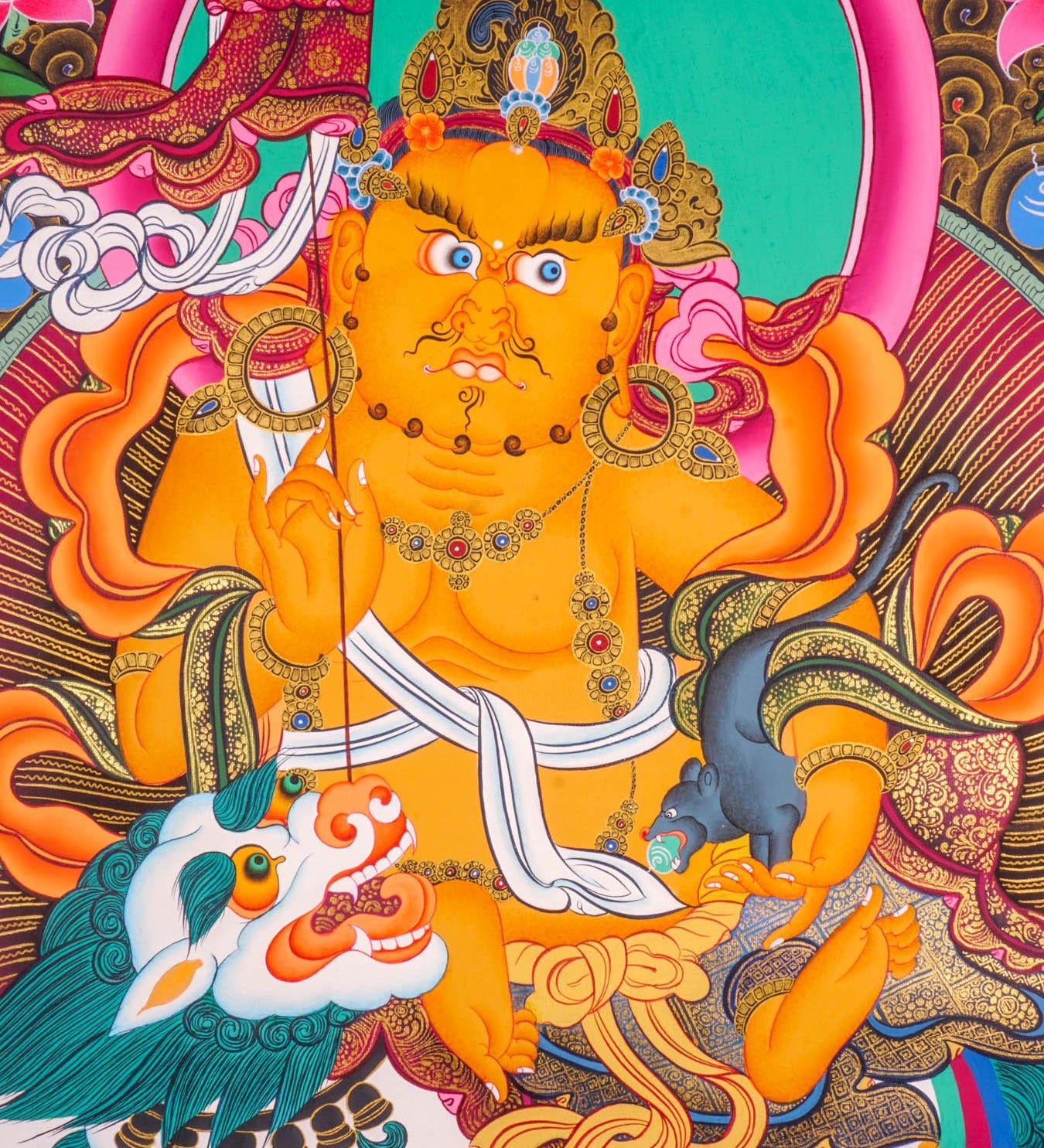 Singh Kuber is the god of wealth also known as Dzambala. Hang it on your altar space for luck and prosperity
