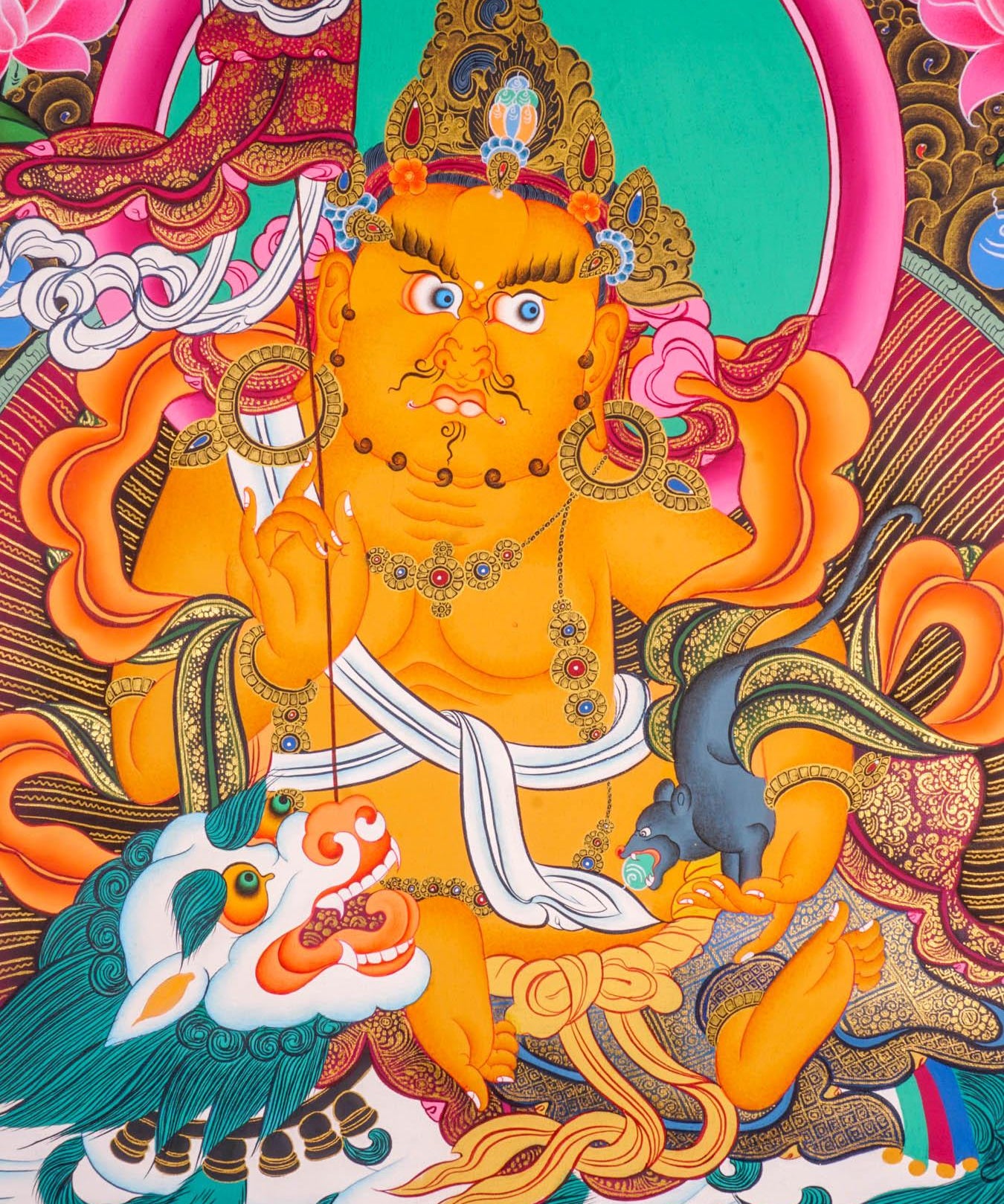 Singh Kuber is the god of wealth also known as Dzambala. Hang it on your altar space for luck and prosperity