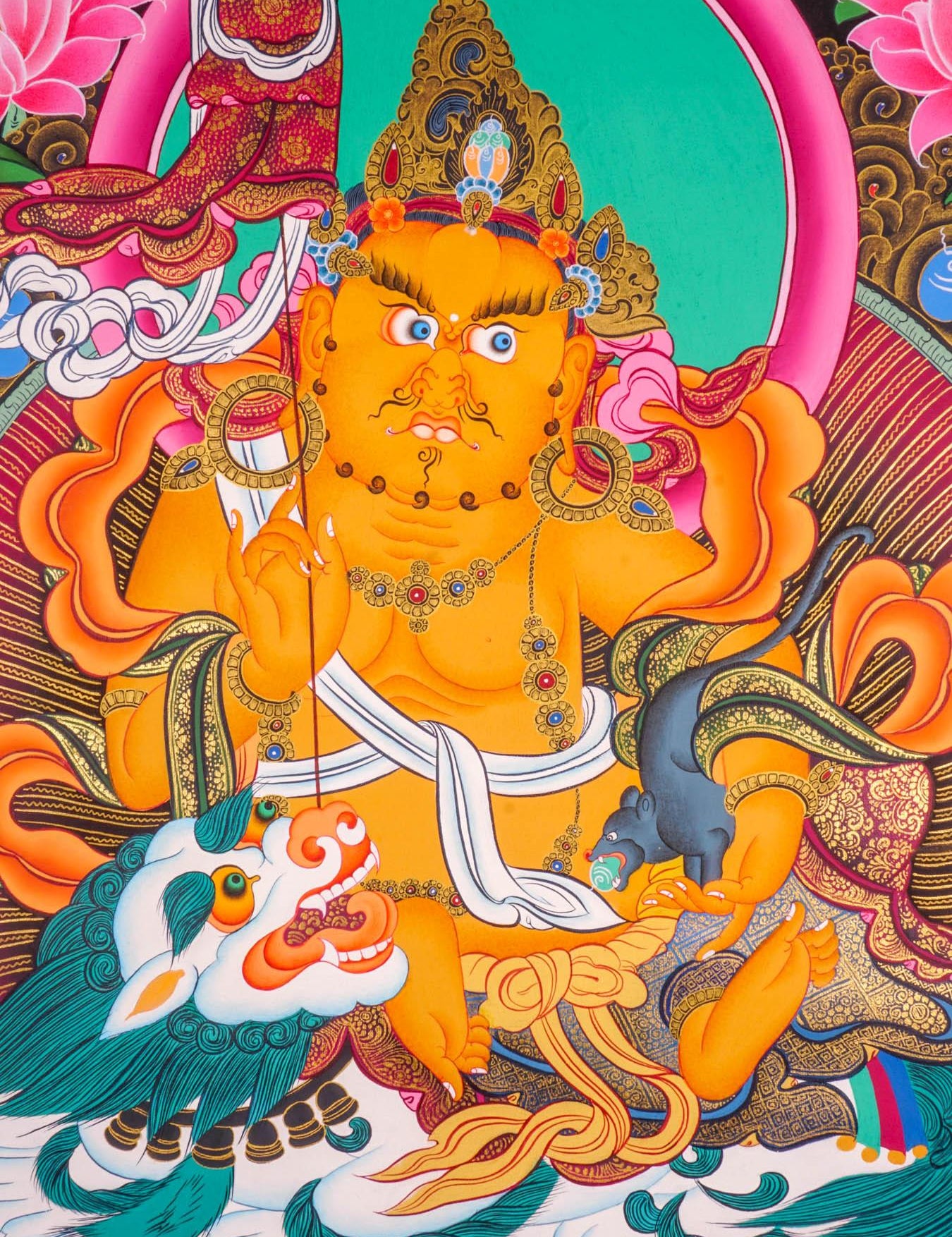Singh Kuber is the god of wealth also known as Dzambala. Hang it on your altar space for luck and prosperity