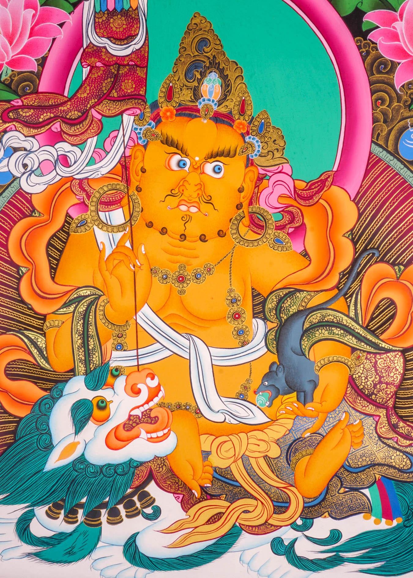 Singh Kuber is the god of wealth also known as Dzambala. Hang it on your altar space for luck and prosperity