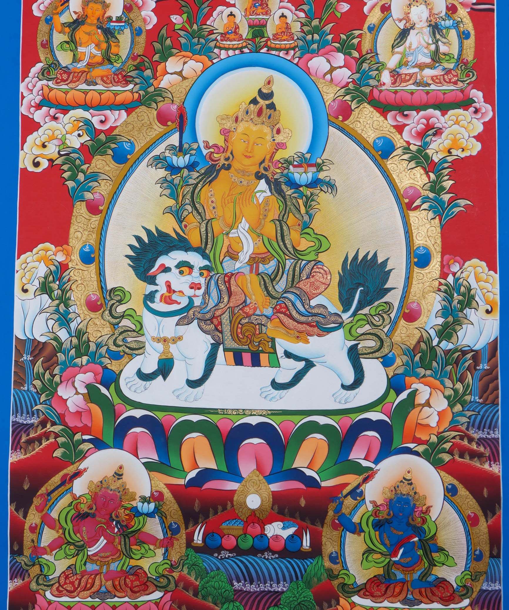 This Thangka features the iconic image of Manjushri, holding a sword and a book, representing the wisdom of the Buddhist teachings - Himalayas Shop