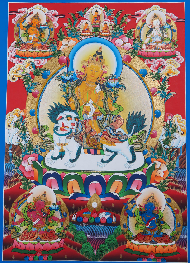 This Thangka features the iconic image of Manjushri, holding a sword and a book, representing the wisdom of the Buddhist teachings - Himalayas Shop