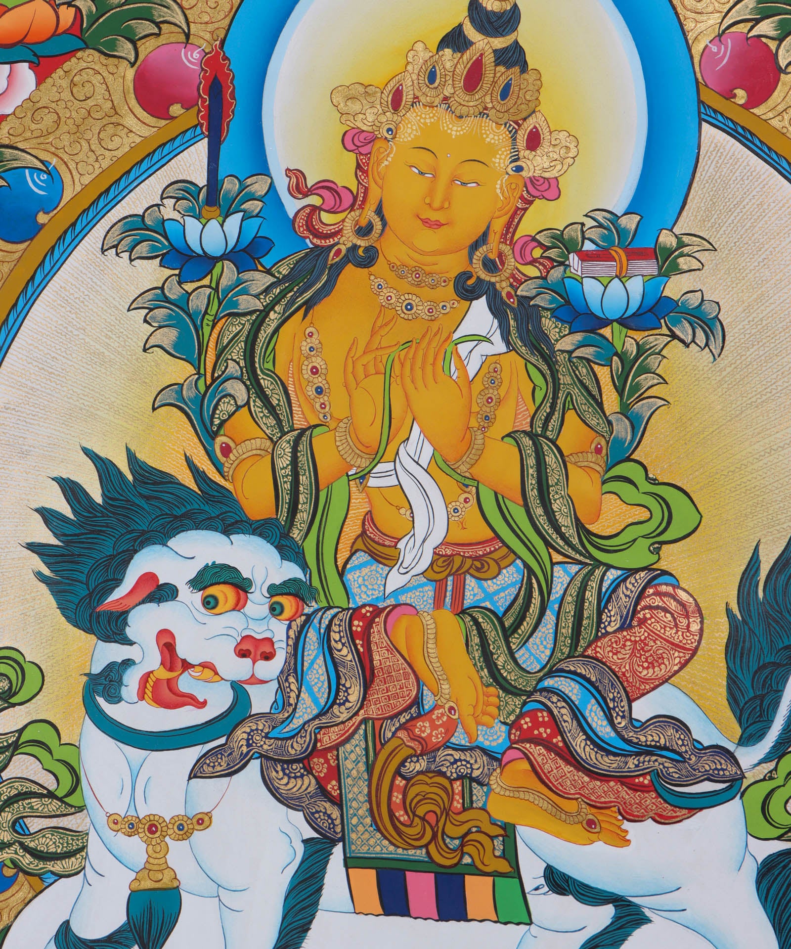 This Thangka features the iconic image of Manjushri, holding a sword and a book, representing the wisdom of the Buddhist teachings - Himalayas Shop