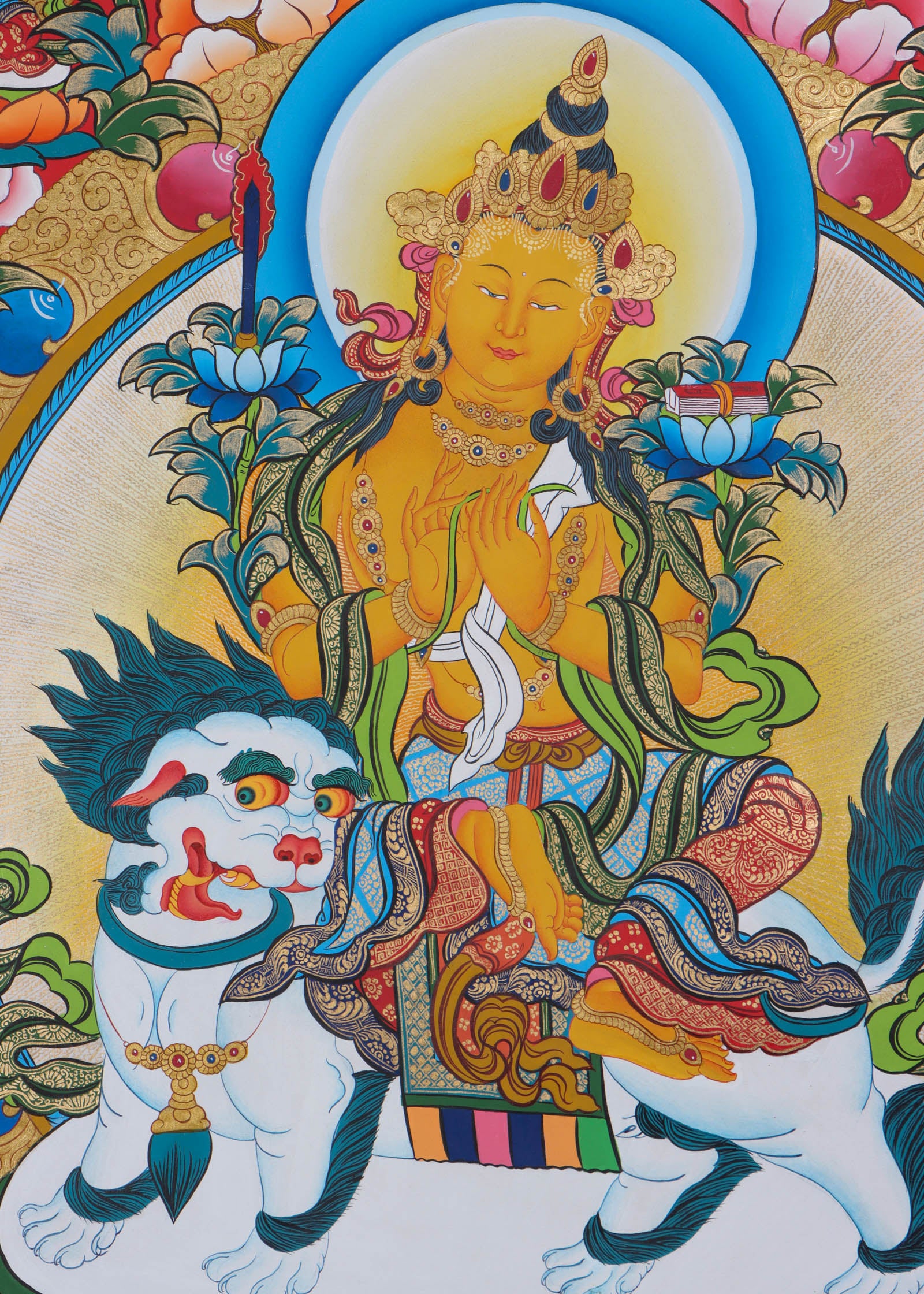 This Thangka features the iconic image of Manjushri, holding a sword and a book, representing the wisdom of the Buddhist teachings - Himalayas Shop