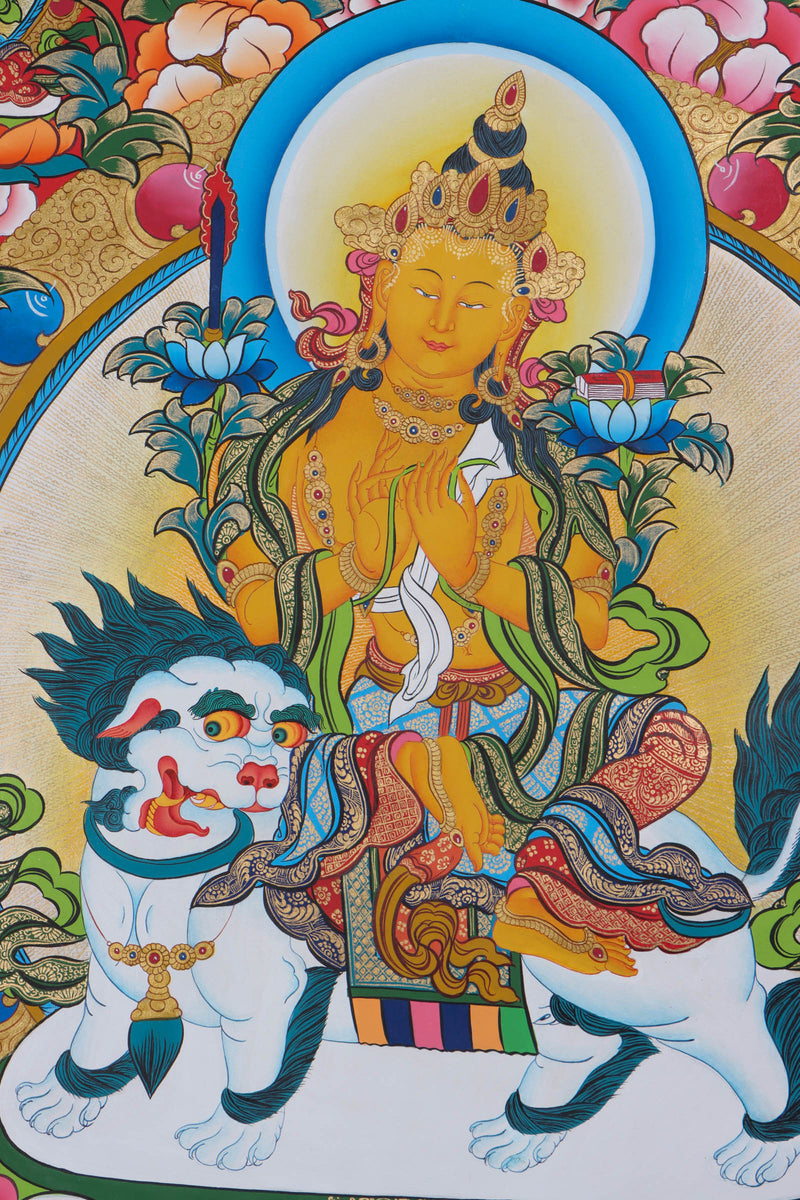 This Thangka features the iconic image of Manjushri, holding a sword and a book, representing the wisdom of the Buddhist teachings - Himalayas Shop
