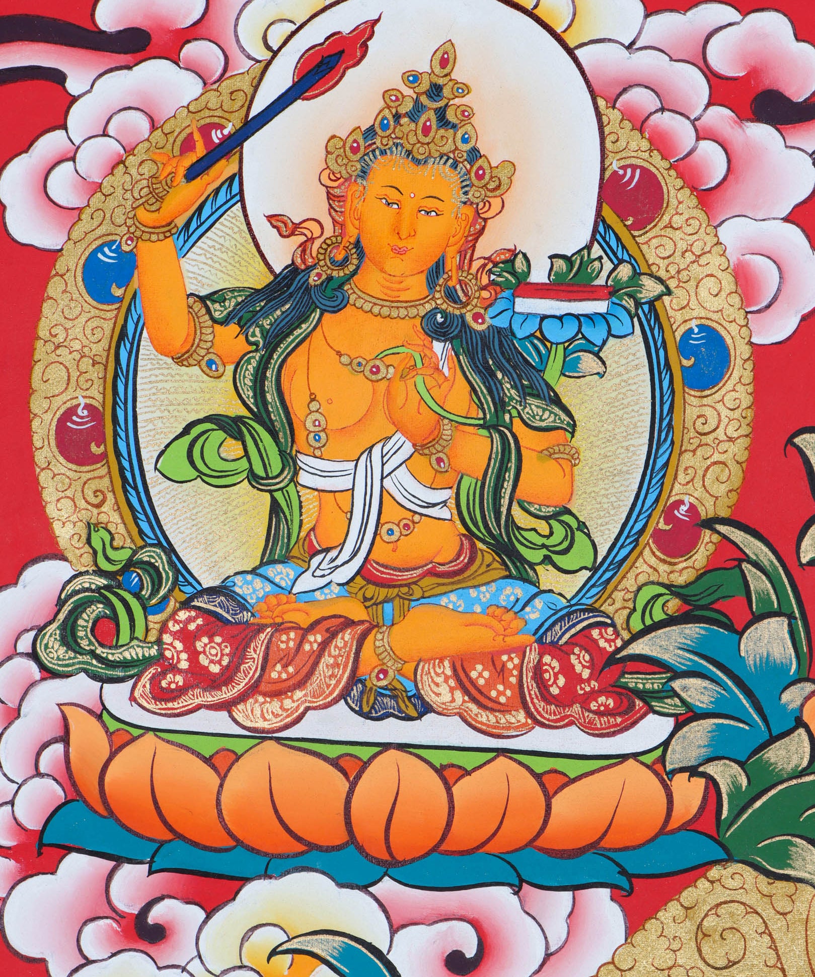 This Thangka features the iconic image of Manjushri, holding a sword and a book, representing the wisdom of the Buddhist teachings - Himalayas Shop