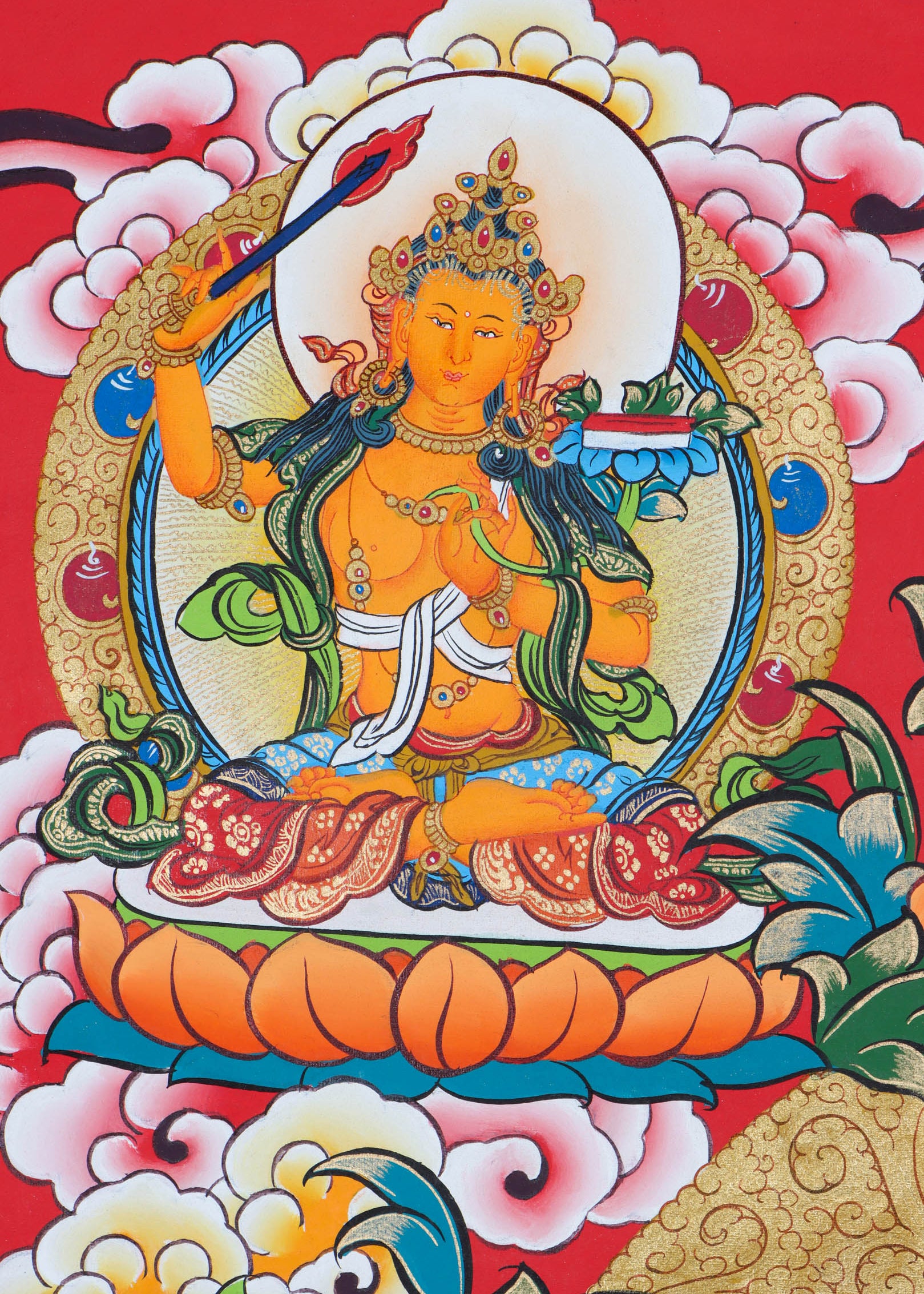This Thangka features the iconic image of Manjushri, holding a sword and a book, representing the wisdom of the Buddhist teachings - Himalayas Shop