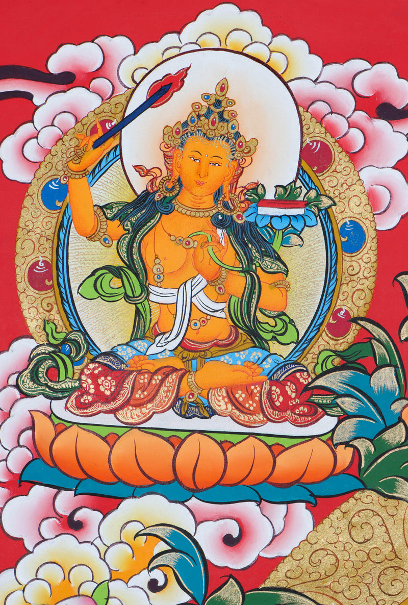 This Thangka features the iconic image of Manjushri, holding a sword and a book, representing the wisdom of the Buddhist teachings - Himalayas Shop