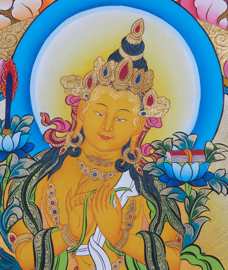 This Thangka features the iconic image of Manjushri, holding a sword and a book, representing the wisdom of the Buddhist teachings - Himalayas Shop