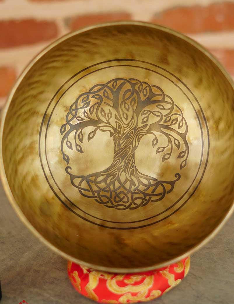Beautiful Singing Bowl handmade from Nepal with tree of life symbol for spiritual practice and meditation