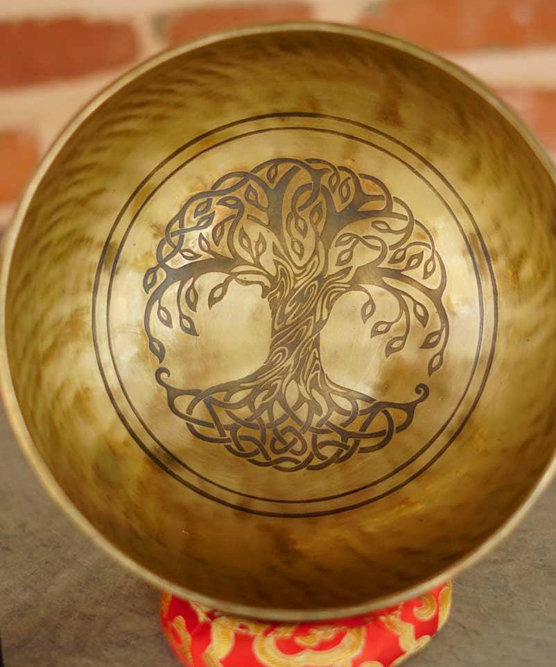 Beautiful Singing Bowl handmade from Nepal with tree of life symbol for spiritual practice and meditation