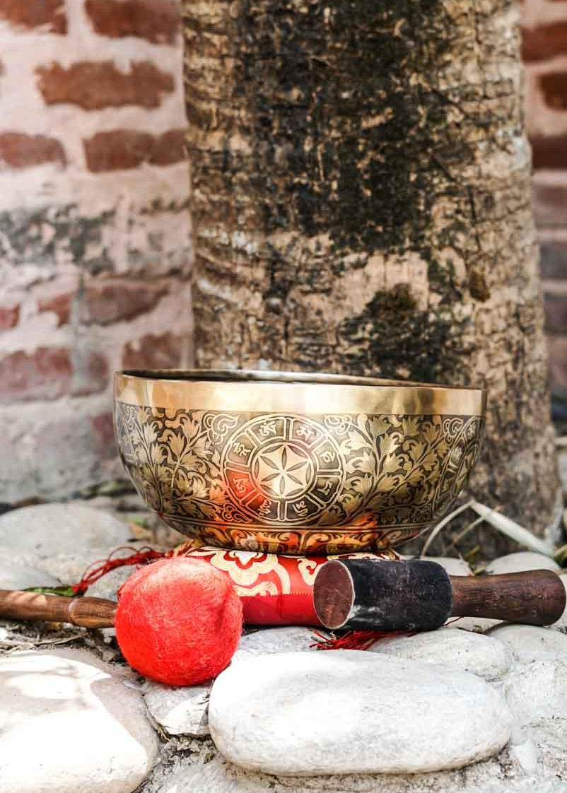 Singing Bowl with Chakra Art . Sound healing and meditation large bowl.